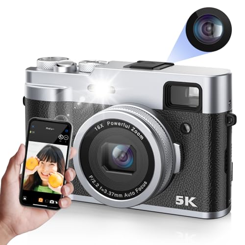 5K デジカメ スマホに送れる デジタルカメラ 4800万画素 30fps wifi機能 レトロ 6軸手ぶれ補正 前後デュアルカメラ フラッシュ 自撮り 初心者 学生 ビログ用 16倍ズーム 64gカード付 黒+銀