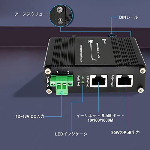 Steloproad産業用ギガビットPoE++インジェクター48V DC PoE ++ 95W 最大100メートル出力DINレールマウント硬化ハイパワーPoEアダプター-40°C〜80°CIP40