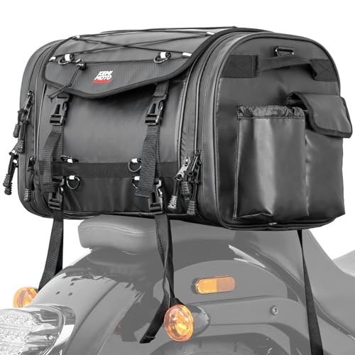 KEMIMOTO シートバッグ PVC防水素材 バイクシートバッグ 拡張機能あり 45-65L ツーリングバッグ レインカバー付き 全方位防水性 バイク リアバッグ 変形しにくい 荷物固定ベルト付き バッグ上部積載可能 キャンピングシートバッグ バイク用品 汎用性