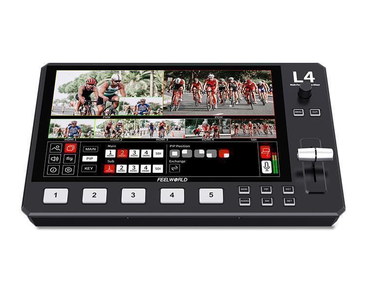 FEELWORLD L4 マルチビデオスイッチャー 10.1インチLCDタッチスクリーンPTZ制御 4xHDMI/1xSDI入力USB3.0ストリーミング・ライブ5チャンネル ライブストリーミングミキサー