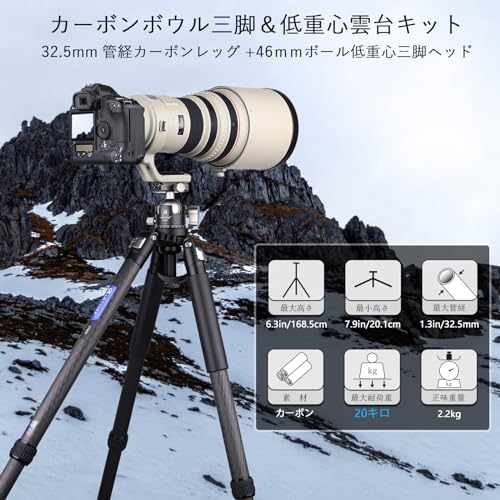 ARTCISE 軽量 カーボン ボウル三脚+46mm ボール低重心雲台キット 速くて水平に調整可能 32.5mm管経 カーボン ファイバー トラベル カメラ 三脚 360度パノラマ 三脚ヘッド付き DSLR/一眼レフ/デジタルに適用 耐荷重20キロ
