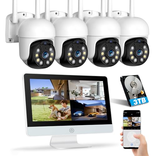 500万画素・360°全方位追尾 防犯カメラ ワイヤレス 屋外 YESKAMOO 12インチIPS防犯モニター 一体型NVR ..