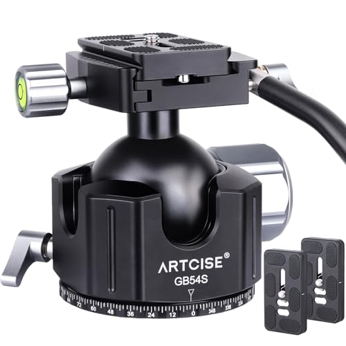 ARTCISE 54mm 低重心 ハンドル ボール雲台 CNC精密加工 アルミ 三脚ヘッド 360度回転 パノラマ 自由ビデオ雲台 二つの予備アルカスイス クイックシュー付き 一眼レフ DSLR カメラ用 最大耐荷重25キロ(2)