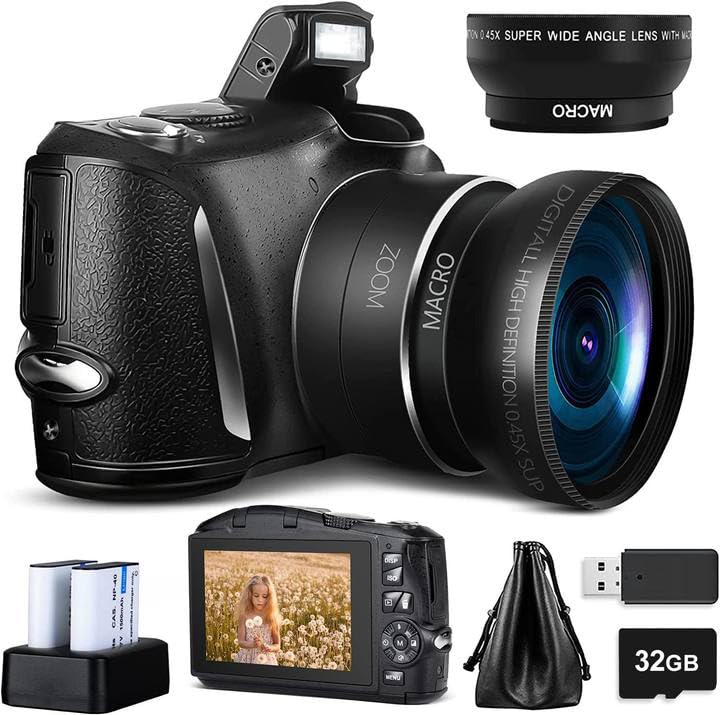 MonitechデジタルカメラコンパクトVloggingカメラ、バッテリー2本付き4 K 48 MP撮影カメラ、32 GB SDカード、16 xデジタルズーム、3.0インチ画面、初心者カメラ（LK SD）