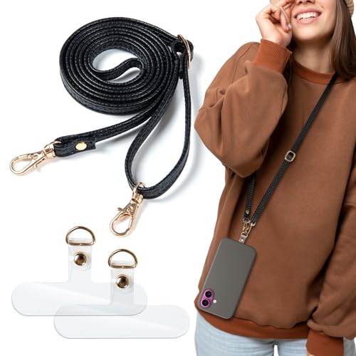 [OZWEAR] スマホストラップ 斜めがけ・首掛け・肩掛け 長さ調節可能 レザー素材 落下防止 コネクタ2個付き 可愛い おしゃれ プレゼントに最適 約70cm～135cm 多色展開（ブラック）