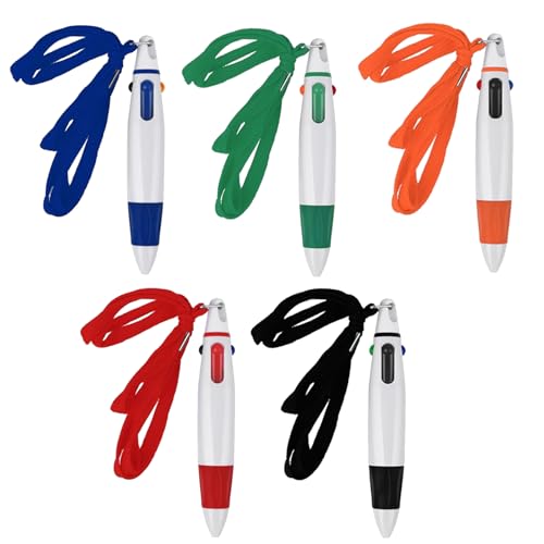 PAVIKE 紐付きボールペン 0.7mm 4色ボールペン 5本セット 首から下げる 携帯便利 吊り下げ可能 短いボ..