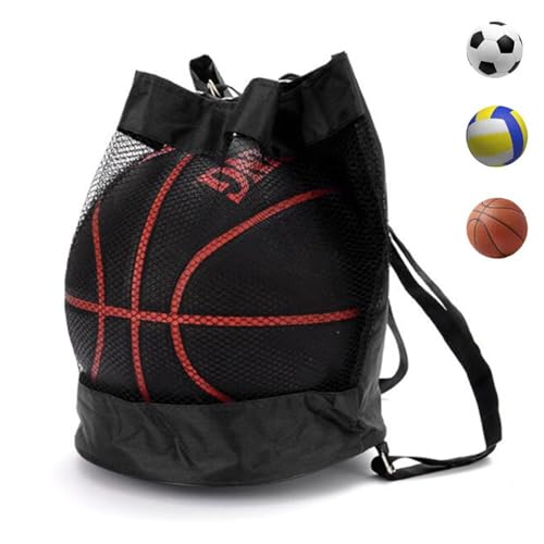 Basketball - LIKENNY バスケットボールバッグ バスケ リュックサッカーポーチバッグ 網袋 ラグビー リュック 軽量 便利 持ち運び 多機能 保管用 肩掛け リュックアウトドア 散歩 旅行 ランニング用 (ブラック)