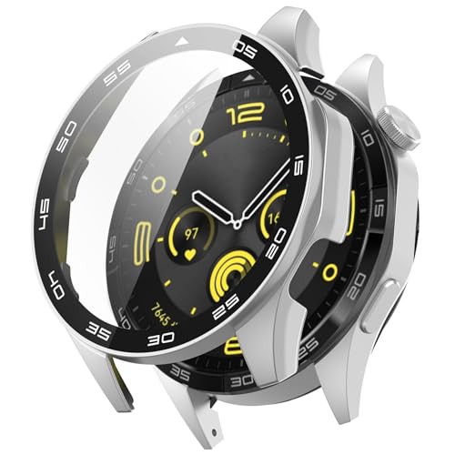 Yaodle For HUAWEI WATCH GT 4 46mm カバー PC素材 ファーウェイ WATCH GT 4 46mm ケース ガラスフィルム一体型 全面保護 二重構造 防塵 日本旭硝子材 キズ防止 軽量(シルバー)