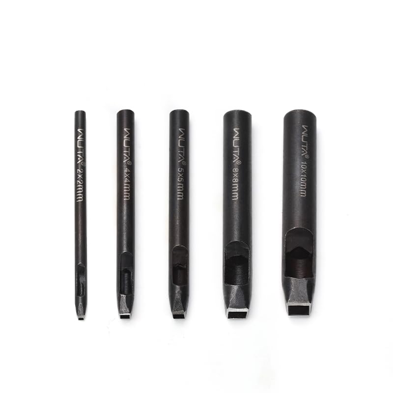 WUTA 5 セット 正方形 穴あけポンチ レザークラフト エンドポンチ 鋼製ベルト 四角型 穴あけ レザークラフトポンチ 工具 DIY 穴あけ工具(2*2+4*4+5*5+8*8+10*10mm)