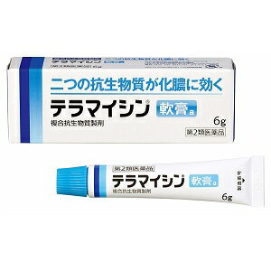 ●テラマイシン軟膏aはグラム陰性桿菌（特に緑膿菌）に効果のあるポリミキシンB硫酸塩とグラム陽性菌及び陰性菌などに広い抗菌力を示すオキシテトラサイクリン塩酸塩の2つの抗生物質を配合しています。 【効能・効果】 化膿性皮膚疾患（とびひ、めんちょう、毛のう炎） 【用法・用量】 1日1〜数回、適量を患部に塗布するかガーゼなどにのばして貼付してください。 ＜用法関連注意＞ （1）用法・用量を厳守してください。 （2）小児に使用させる場合には、保護者の指導監督のもとに使用させてください。 （3）目に入らないよう注意してください。万一、目に入った場合には、すぐに水又はぬるま湯で洗ってください。なお、症状が重い場合には、眼科医の診療を受けてください。 （4）外用にのみ使用してください。 【成分分量】 1g中 オキシテトラサイクリン塩酸塩　　30mg(力価) ポリミキシンB硫酸塩　　10000単位 ＜添加物＞ 白色ワセリン、流動パラフィン 【使用上の注意】 ■してはいけないこと 【守らないと現在の症状が悪化したり、副作用が起こりやすくなります】 1．次の人は使用しないでください （1）本剤又は本剤の成分によりアレルギー症状を起こしたことがある人。 （2）抗生物質によりアレルギー症状を起こしたことがある人。 2．次の部位には使用しないでください （1）湿潤やただれのひどい患部。 （2）深い傷やひどいやけどの患部。 （3）目や目の周囲。 3．長期連用しないでください ■相談すること 1．次の人は使用前に医師、薬剤師又は登録販売者に相談してください （1）医師の治療を受けている人。 （2）薬などによりアレルギー症状を起こしたことがある人。 （3）患部が広範囲の人。 2．使用後、次の症状があらわれた場合は副作用の可能性があるので、直ちに使用を中止し、この文書を持って医師、薬剤師又は登録販売者に相談してください ［関係部位：症状］ 皮膚：発疹・発赤、かゆみ 3．5〜6日間使用しても症状がよくならない場合は使用を中止し、この文書を持って医師、薬剤師又は登録販売者に相談してください 【保管及び取扱い上の注意】 （1）直射日光の当たらない湿気の少ない涼しい所に密栓して保管してください。 （2）小児の手の届かない所に保管してください。 （3）他の容器に入れ替えないでください。 （誤用の原因になったり品質が変わります。） （4）使用期限（外箱及びチューブに記載）をすぎた製品は使用しないでください。 （5）本剤は黄色の軟膏ですので、衣服への付着に注意してください。 【お問い合わせ】 本品の内容についてのお問い合わせは，お買い求めのお店または下記にお願い申し上げます。 会社名：ジョンソン・エンド・ジョンソン株式会社 問い合わせ先：お客様相談室 電話：0120-834389 受付時間：9：00〜17：00（土、日、祝日を除く）商品名： テラマイシン軟膏a メーカー：ジョンソン・エンド・ジョンソン株式会社 生産国：日本 商品区分：第2類医薬品 広告文責：有限会社新薬堂薬局 電話番号：047-323-6860 当店で販売する医薬品は、特に記述がない限り、使用期限が最短でも10ヶ月以上のものを販売しております。（※使用期限が製造より最長1年未満の医薬品については例外といたします。） ◎使用上の注意をよく読んだ上でそれに従い適切に使用してください 「医薬品販売に関する記載事項」はこちら