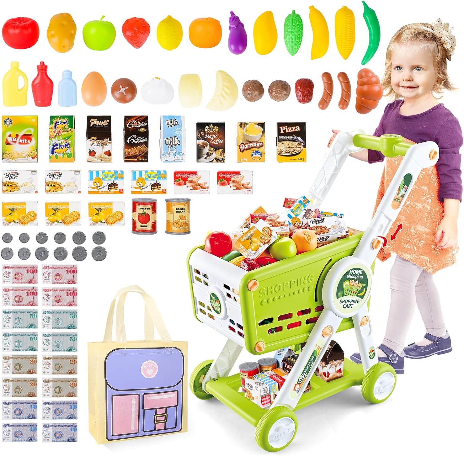 子供のおもちゃのショッピングカート 食べ物、果物、野菜やアクセサリーのふりをしたカート付きおもちゃ 75点セット キッチンのおもちゃ 雑貨のショッピングカート 子供のプレゼント 知育玩具