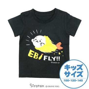 ☆SALE セール☆しろたん Tシャツ 半袖 キッズ 『エビFLY』柄 黒色子供 キッズ キャラクター アザラシ あざらし かわいい 男女兼用 女の子 男の子 サイズ 100 120 140　マザーガーデン