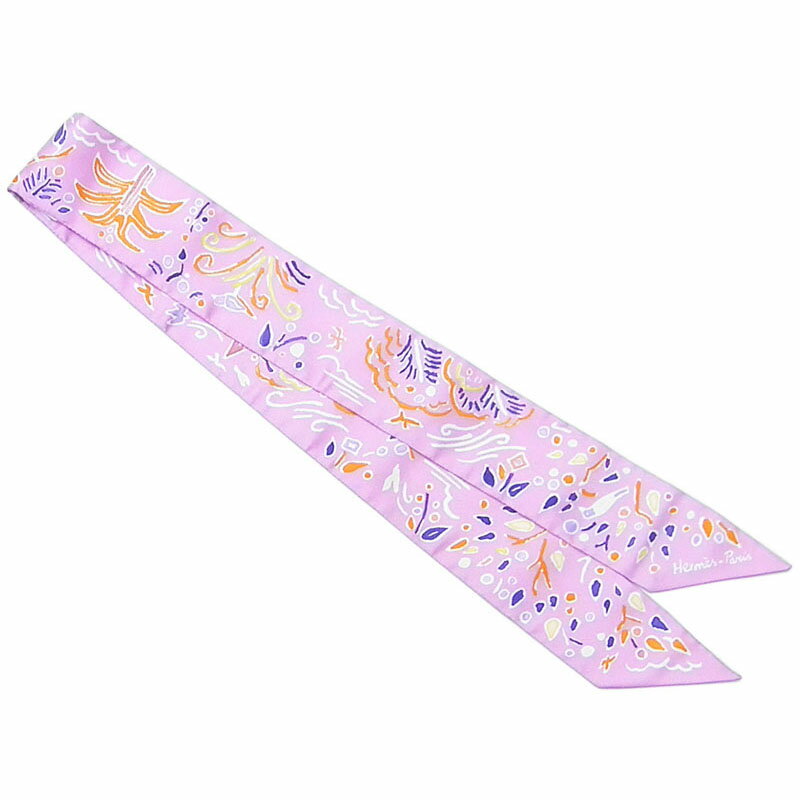 エルメス　HERMES　シルクスカーフ　ツイリー　春の島　リラ/オレンジ/ジョーヌ　新品同様　【中古】【あす楽対応_東海】【コンビニ受取対応商品】のサムネイル