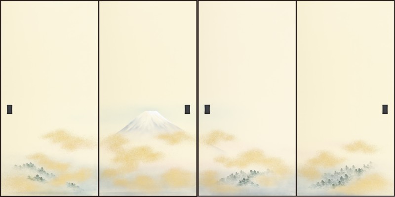 高級織物襖紙　悠々富士　4枚組　No．501　特選品　手撒き砂子襖絵（襖/襖紙/ふすま/ふすま紙/糸入り/..
