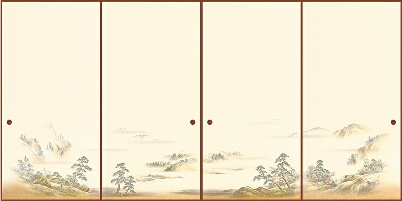 高級織物襖紙　山水清明　4枚組　No．511　上級品　手加工襖絵（襖/襖紙/ふすま/ふすま紙/糸入り/織物/..
