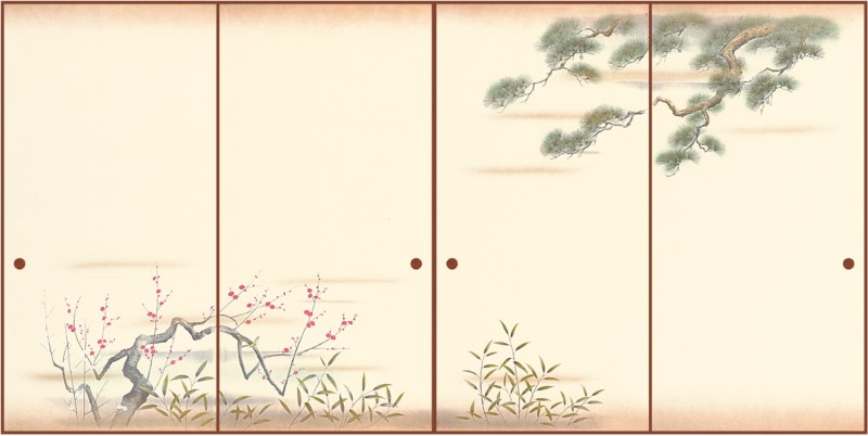 高級織物襖紙　薫風鶯明　4枚組　No．512　上級品　手加工襖絵（襖/襖紙/ふすま/ふすま紙/糸入り/織物/..