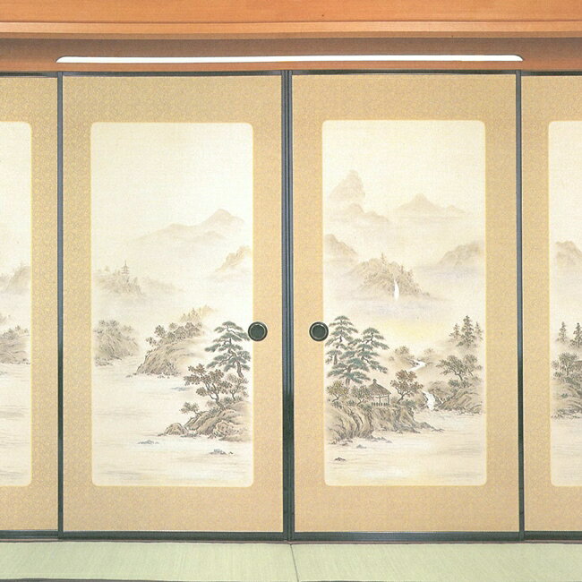 高級織物襖紙　縁取り山水画　4枚組　No．87　（襖/襖紙/ふすま/糸入り/織物/枠付き/押入れ/張替)