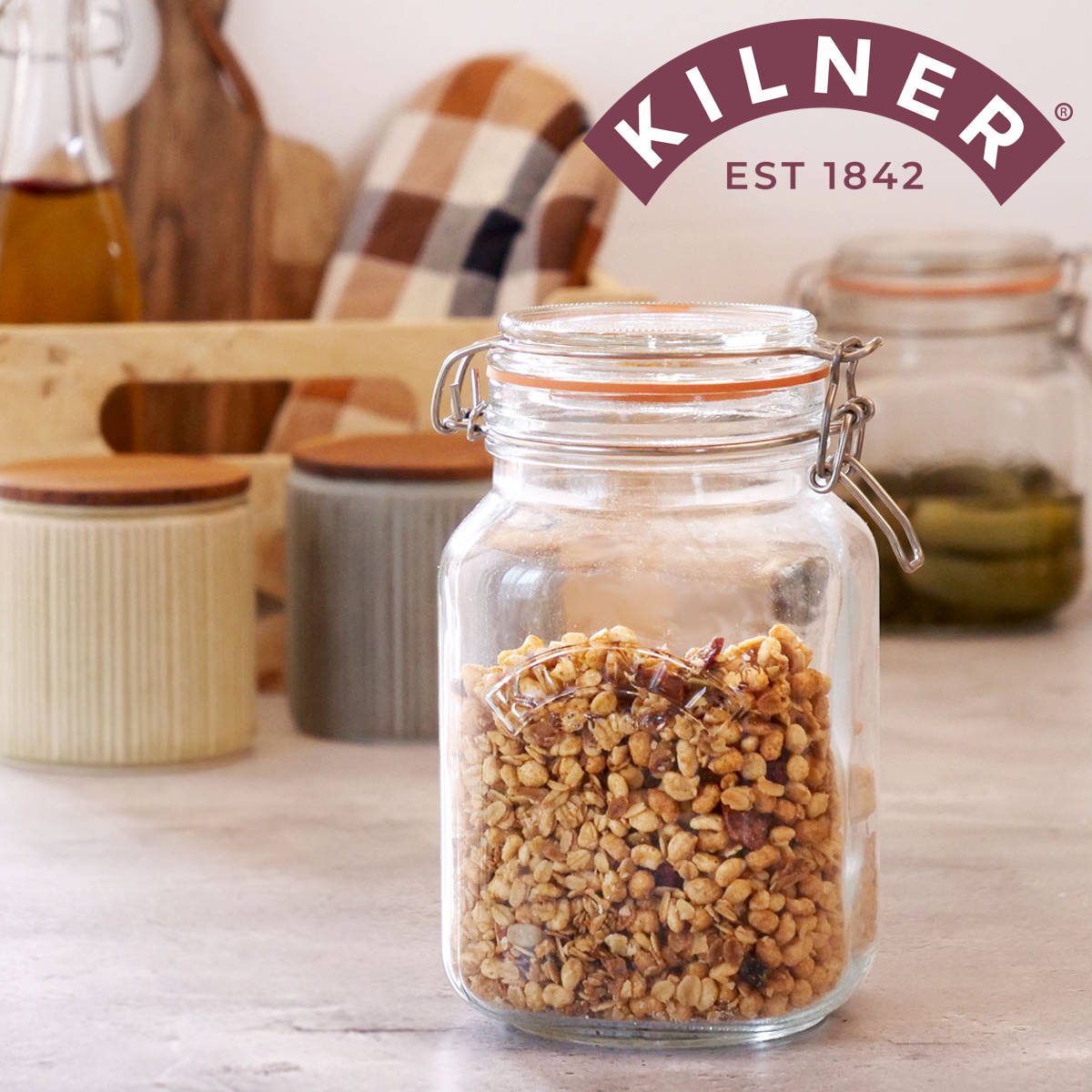 KILNER キルナー 保存容器 SQUARE CLIPTOP JAR 1.5L （ クリップトップジャー 1500ml 保存瓶 ガラス 密閉 食洗機対応 保存 瓶 パッキン付き ガラス容器 食品 ガラス瓶 四角 調味料 密封容器 密閉容器 お菓子 果実酒 梅酒 乾物 ）