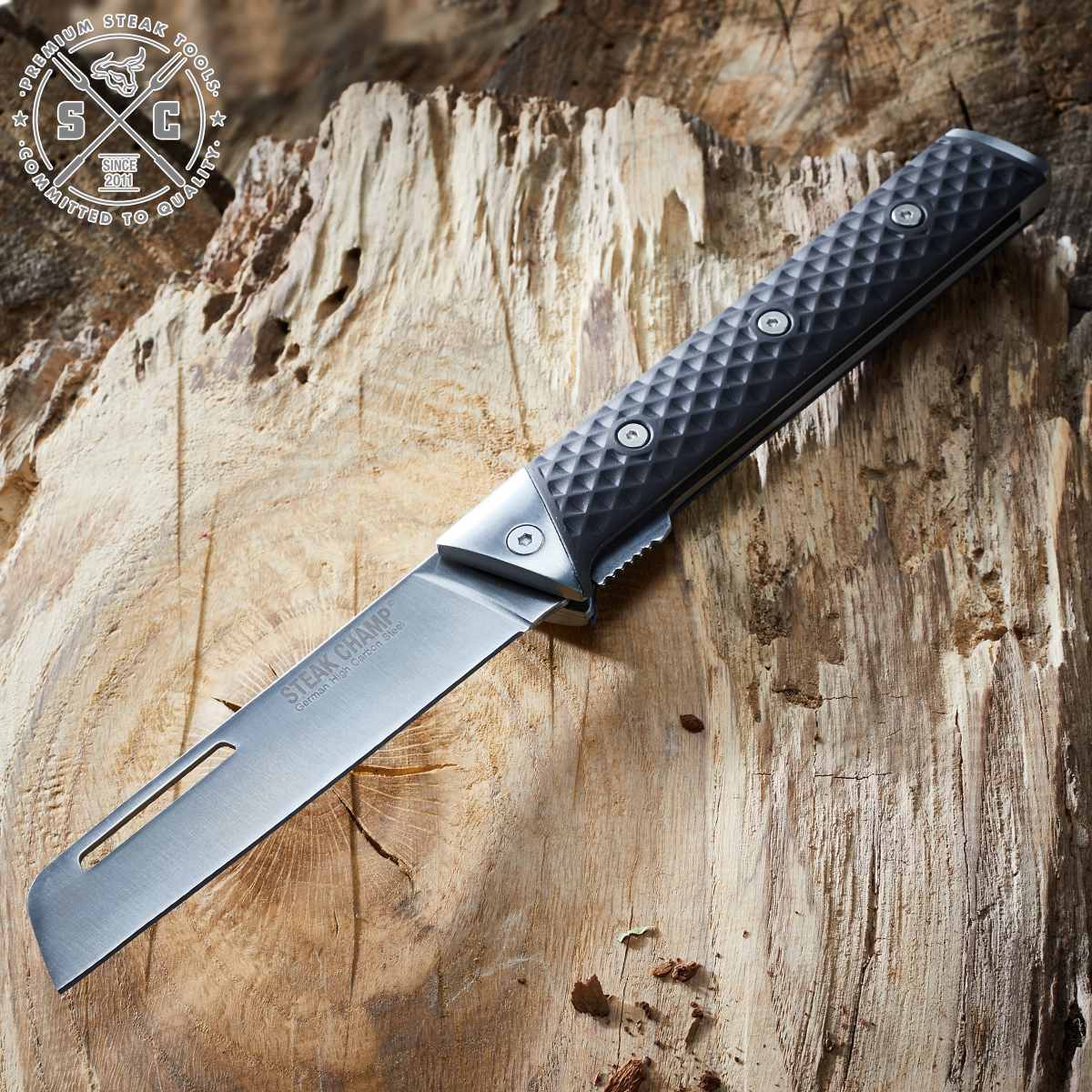 包丁 STEAK CHAMP CHEF’S OUTDOOR FOLDING KNIFE 12cm アウトドア （ ナイフ 折りたたみナイフ キャンプ BBQ 調理 料理 屋外 バーべキュー ステーキチャンプ キッチンナイフ バーベキューナイフ 折り畳み ロック式 切れる 鋭い ）