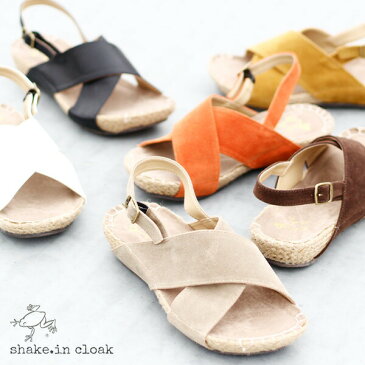 Shake In cloak Cross Sandalシェイクインクローク クロスサンダル(2サイズ 全6色 カラフル ぺたんこ フラット レディース コンフォート 前あき バックストラップ 歩きやすい 旅行 ジュート 子育て ママ カジュアル ジュート 合皮 カエルマークの靴)