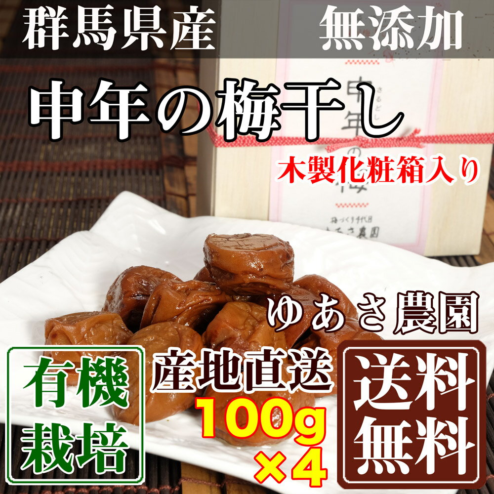 申年の梅干し 木製化粧箱入り 100g 4箱 群馬県 ゆあさ農園 有機栽培 梅 無添加 天然塩 使用 送料無料 産地直送