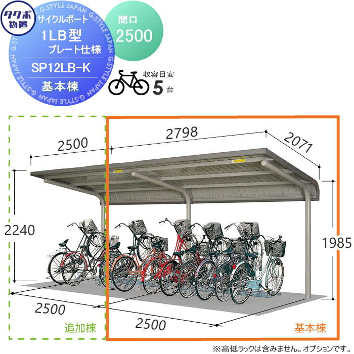 【無料★特典対象】 サイクルポート タクボ 物置 TAKUBO 田窪工業所 SP1LB型シリーズ 5台用 ZAN仕様　基本棟 ベースプレート仕様 柱間2500屋根奥行き2071高さ2240 SP12LB-K 自転車 屋根 駐輪 diy バイク置き場 集合住宅 雨よけ