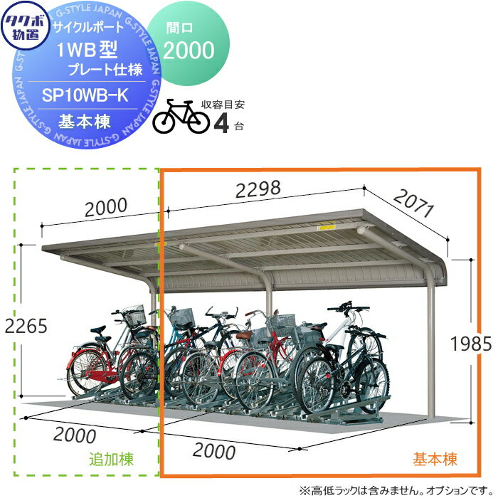 サイクルポート タクボ 物置 TAKUBO 田窪工業所 SP1WB型シリーズ 4台用 ZAN仕様 基本棟ベースプレート仕様 柱間2000屋根奥行き2301高さ2265 SP10WB-K 自転車 屋根 駐輪 diy バイク置き場 集合住宅 雨よけ