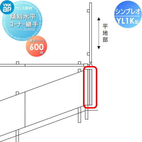 【部品】 フェンス YKK YKKap シンプレオフェンスYL1K型用 傾斜水平コーナー継手 H600 旧13K型 境界 屋外 アルミ 形材フェンスガーデン DIY 塀 壁 囲い
