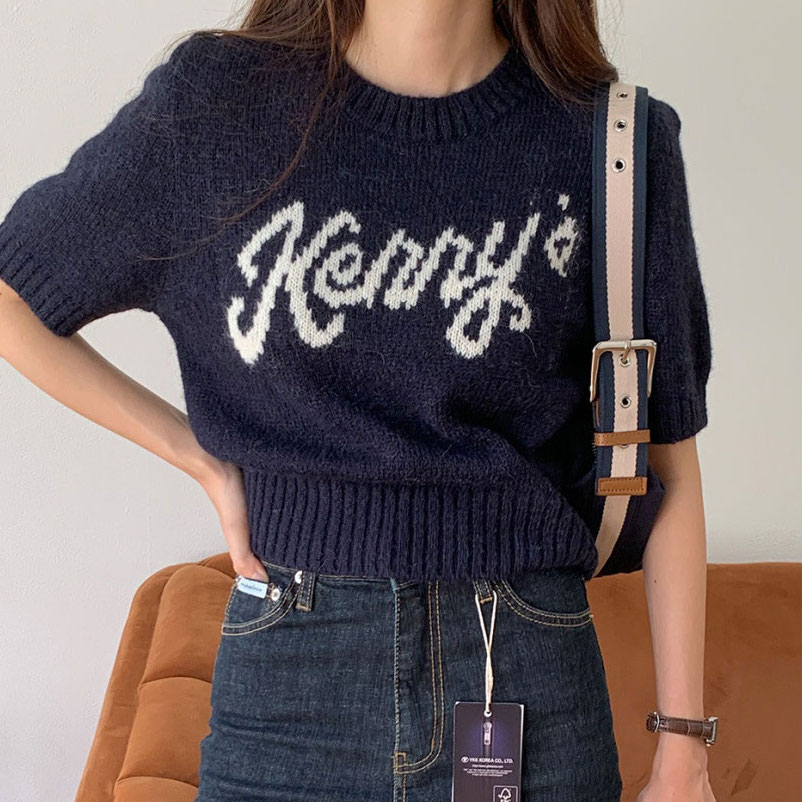 ネコポス便 / 送料無料 ロゴ 半袖ニット ロゴTシャツ サマーニット 春ニット 秋ニット ネイビー アイボリー ロゴT きちんと見え 黒T カジュアル オフィス 半袖 着痩せ ブラウス Tシャツ インポート韓国 韓国ファッション インナー レディースファッション インナー 夏ニット