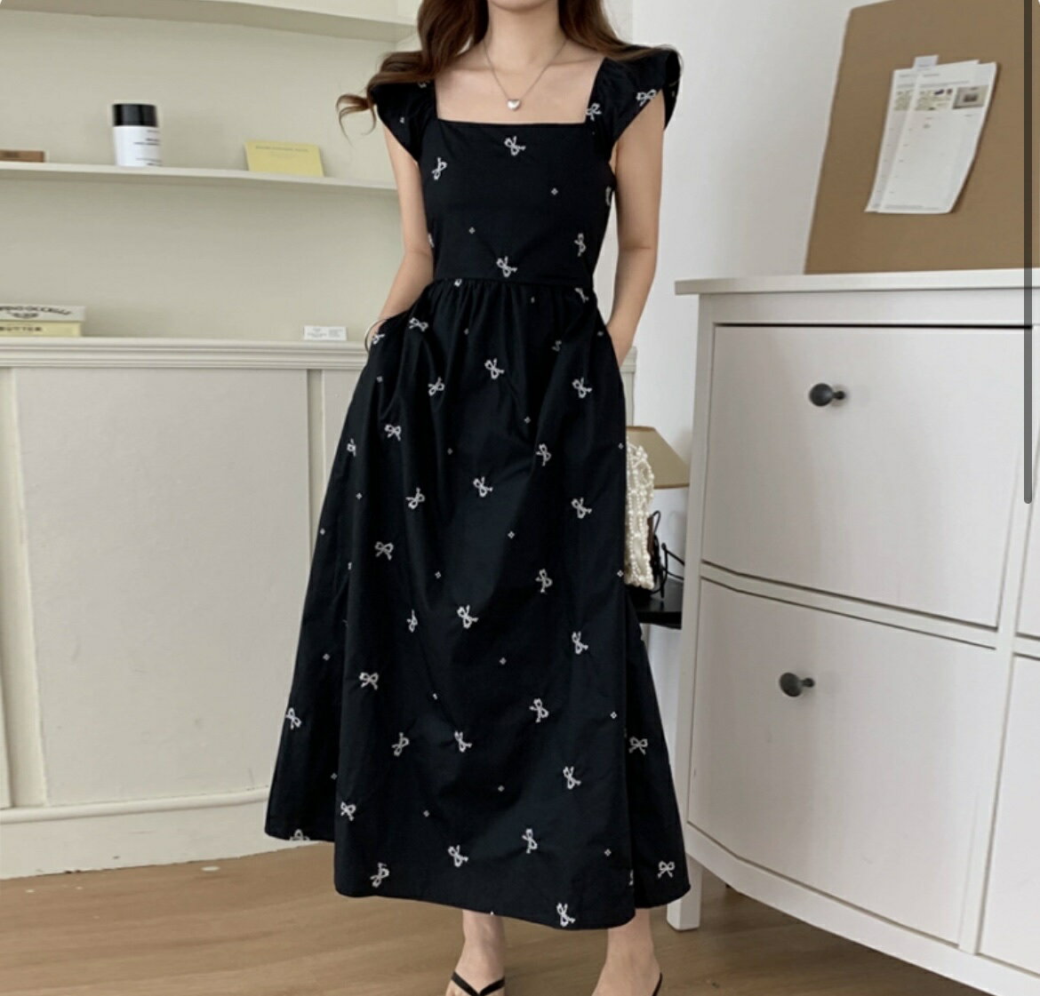 【ネコポス便/送料無料】 ワンピース ワンピ リボン 着痩せワンピース 袖切り替えトップス 着痩せワンピ 華奢見え デコルテカット 骨スト 骨格ウェーブ 細見え 高見え 大人 インポート 韓国 韓国ファッション レディースファッション イエベ