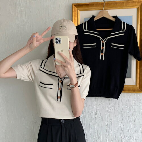 【ネコポス便/送料無料】襟付き ニットトップス ブラック フロントジップ ラガー 大人スウェット ボーダーパーカー 着痩せボーダー ニットトップス セーター ベージュ 長袖 素材 シンプルニット 大人 インポート 韓国 韓国ファッション レディースファッション