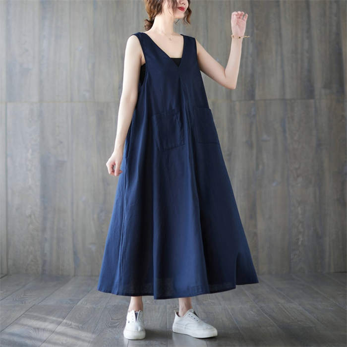 ジャンパースカート サロペット ワンピース ロング 春 夏 レディース 体型カバー おしゃれ ゆったり 無地 Aライン レトロ フレア ポケット付 ノースリーブ Vネック レイヤード カジュアル フェミニン フォーマル 大きいサイズ 重ね着 スタイルアップ 20代 30代 40代