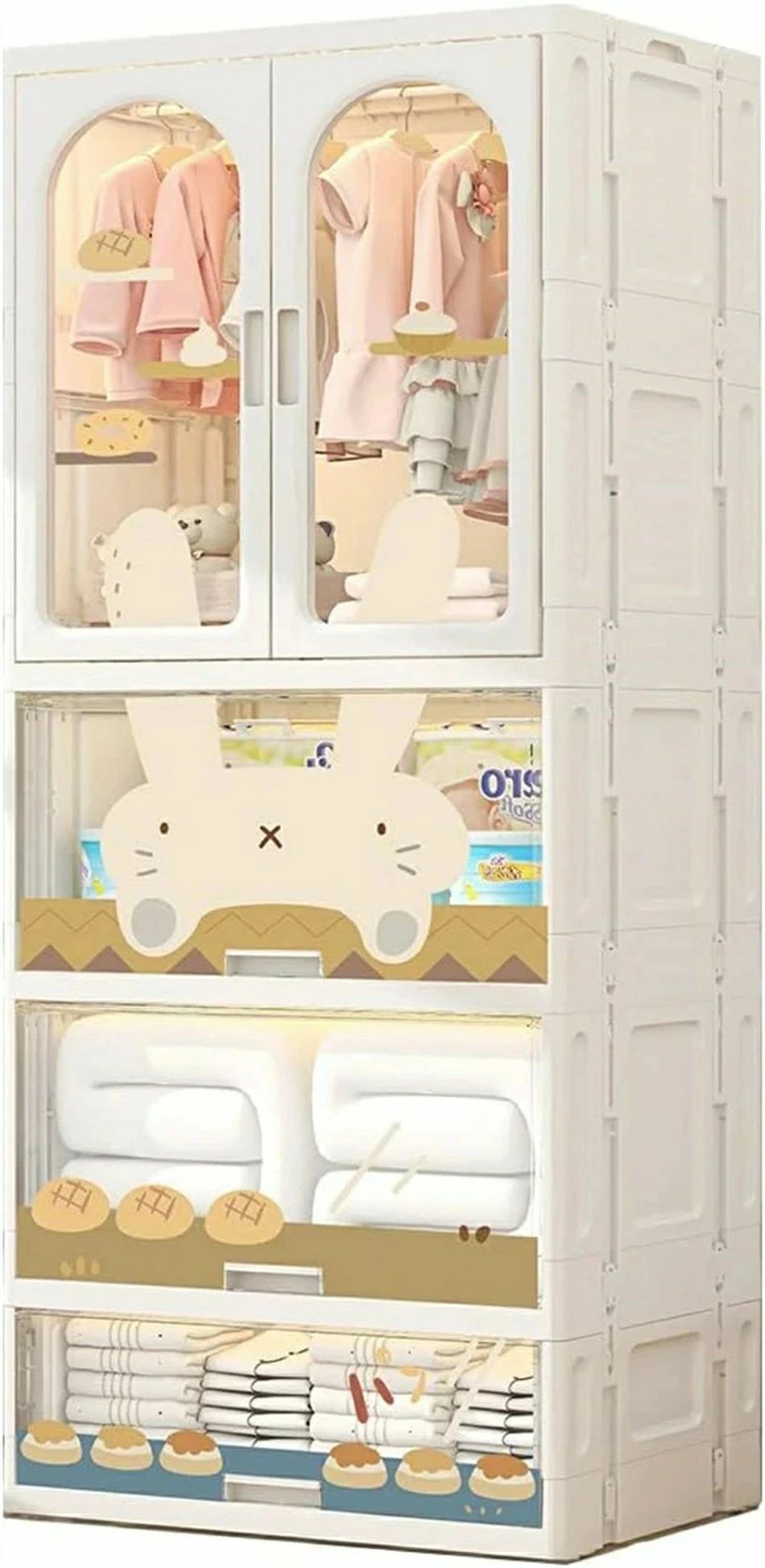 ワードローブ 扉付き 折り畳み式 子供用 かわいい ベービー用品収納 防塵 高耐荷重 洋服入れ おしゃれ ..