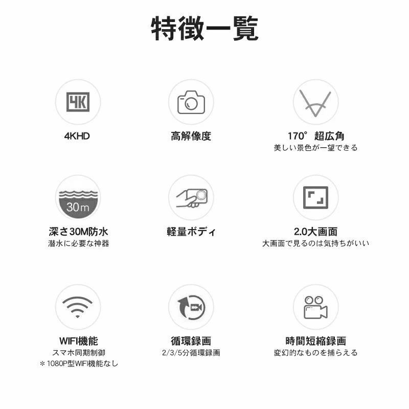 アクションカメラ 4K カメラ 防水 6軸手ぶれ補正 防水30M スポーツカメラ アクショ...