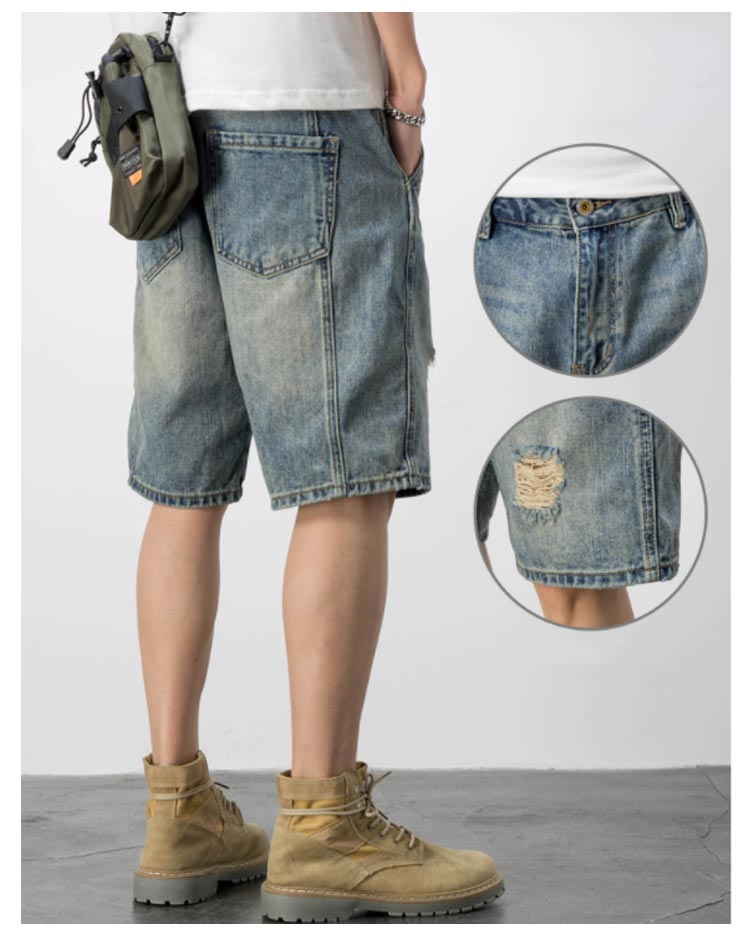 デニムハーフ メンズ ダメージ デニム ショートパンツ 古着風 ヴィンテージ加工 ゆったり ジーンズ 短パン