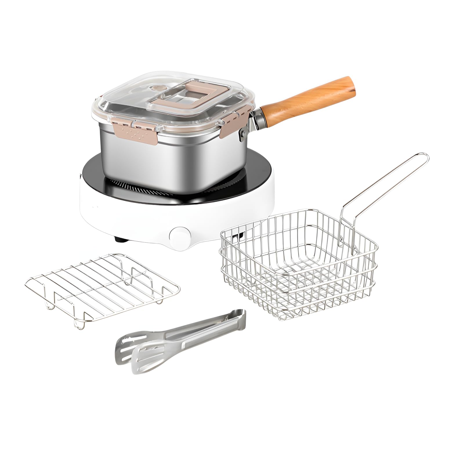 揚げ鍋 角型天ぷら鍋 IH・直火対応 304ステンレス鋼 ストレーナー/トング/蓋付き 軽量 持ち運び便利 お..