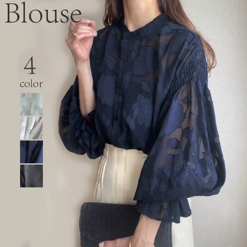 送料無料 シャツ ブラウス 長袖 透け感 レディース ボリューム袖 カジュアル ふんわり おしゃれ きれいめ ゆったり 30代 40代 50代 20代 薄手 シースルー オフィス おしゃれ 快適 トップス 入学 卒業 ママ 春 秋(4)