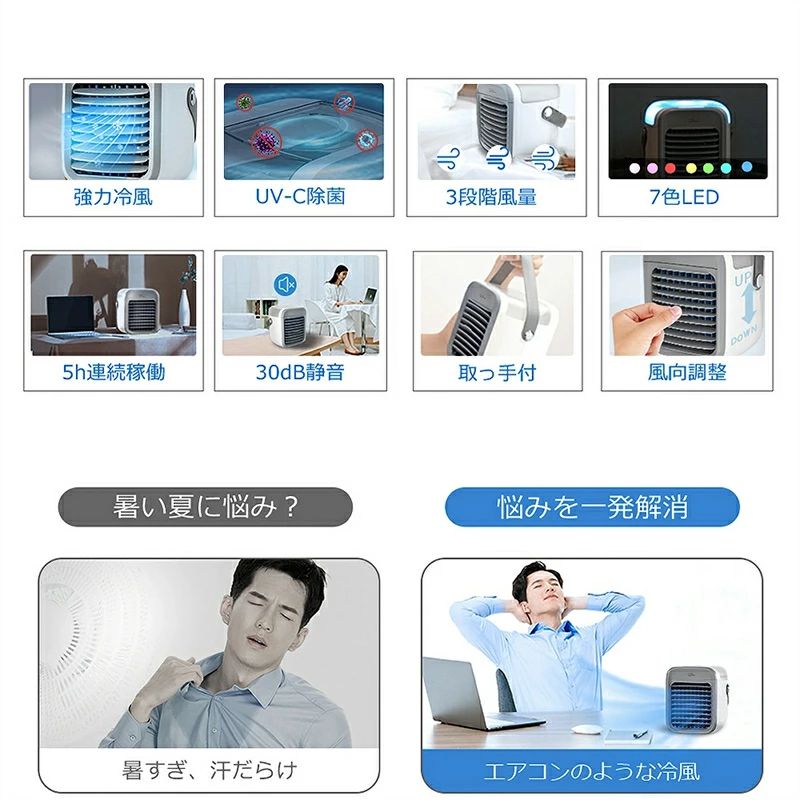 送料無料 -10℃冷却 冷風扇 卓上 冷風機 ポータブルエアコン 氷 涼しい 3段階風量 静音 UV除菌ライト タイマー 7色LED 加湿器 冷風扇 卓上 dc ハンディ 羽なし 卓上扇風機 卓上クーラー ミニクーラー ポータブルクーラー
