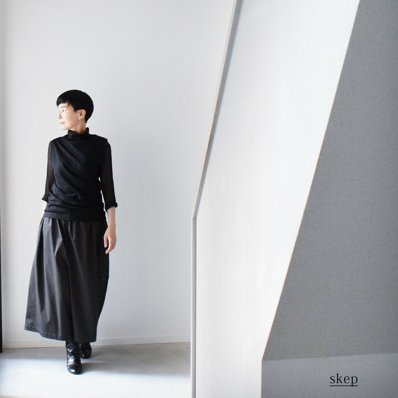 Nylon, Rayon, Polyester - 【送料無料】　ワイドパンツ　ショート丈　ウエストゴム　ウエストひも　レディースパンツ　きれいめ　チャコールグレー　グレー　ワイドパンツグレー　大人　ポケット付き　skep　スケップ 【ワイドパンツ （ ショート ）： グレー［PT03HPGY］】