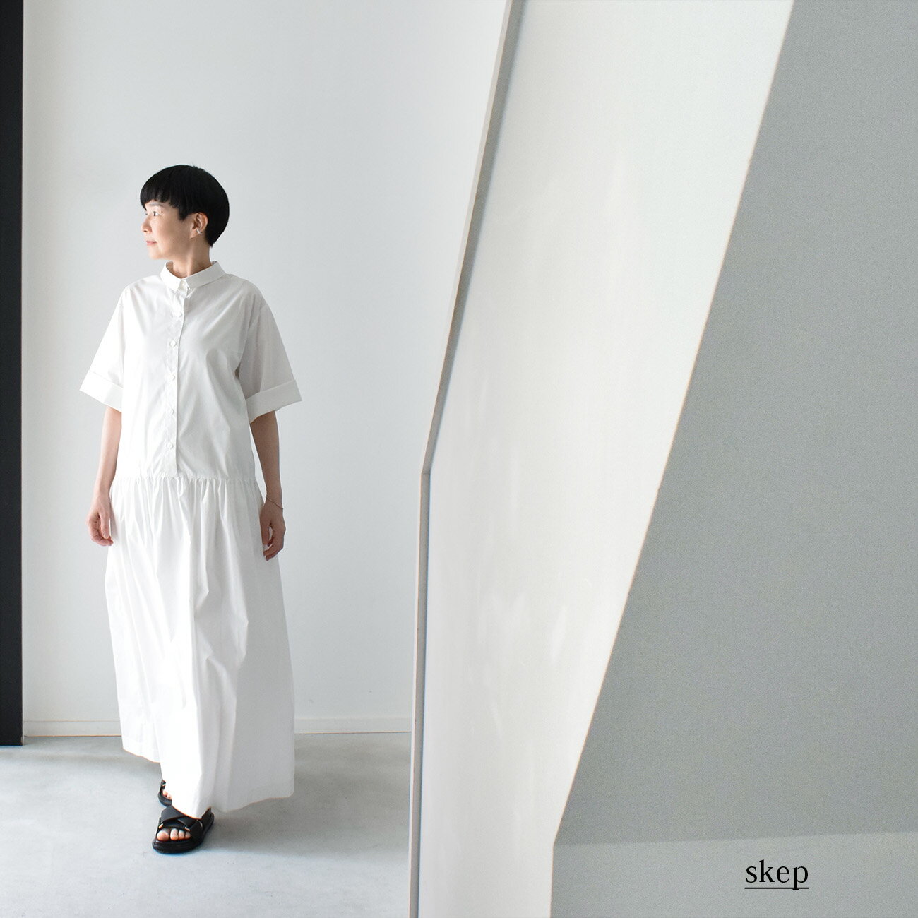【送料無料】 ロングワンピース 七分袖 ギャザーワンピース 七分袖ワンピース マキシ丈 白ワンピース マキシ丈ワンピース skep スケップ 【七分袖切替ギャザーロングワンピース：白［OP33HSWH］】