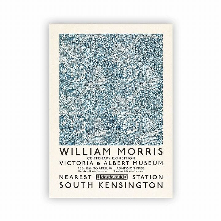 アートポスター フレーム付・アートパネル ウィリアムモリス ポスター ボタニカル シリーズ デザインNO-5　col 白 ホワイト 青 水色 ブルー
