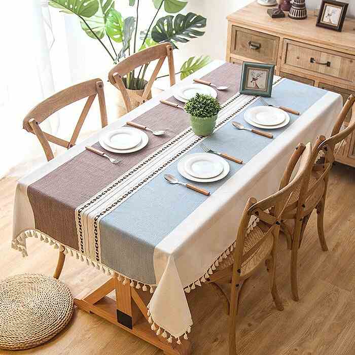 テーブルクロス リネンカバー ブラウン×ブルー