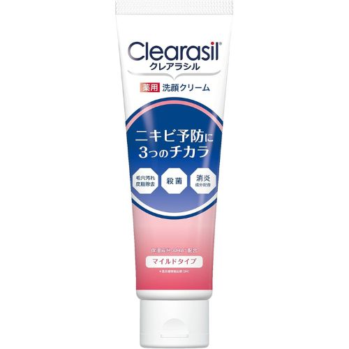 「クレアラシル 薬用洗顔フォーム マイルド 120g」 ニキビの原因、アクネ菌をしっかり殺菌するサリチル酸を配合した薬用洗顔です。 さらに、ニキビを予防するグリチルリチン酸ジカリウムをプラス。 古い角質を柔らかくして落としやすくし、毛穴につまった汚れや余分な皮脂・黒ずみをスッキリ落とすAHA混合植物抽出液を配合しています。 お肌の弱い方でも使えるマイルドタイプ。 無香料、無着色。医薬部外品。 原材料・成分 有効成分:グリチルリチン酸ジカリウム その他の成分:精製水、濃グリセリン、ミリスチン酸、パルミチン酸、水酸化カリウム、ステアリン酸、ヤシ油脂肪酸アミドプロピルベタイン液、ジグリセリン、親油型モノステアリン酸グリセリル、カモミラエキス(1)、オウバクエキス、混合植物抽出液(34)、1.3-ブチレングリコール