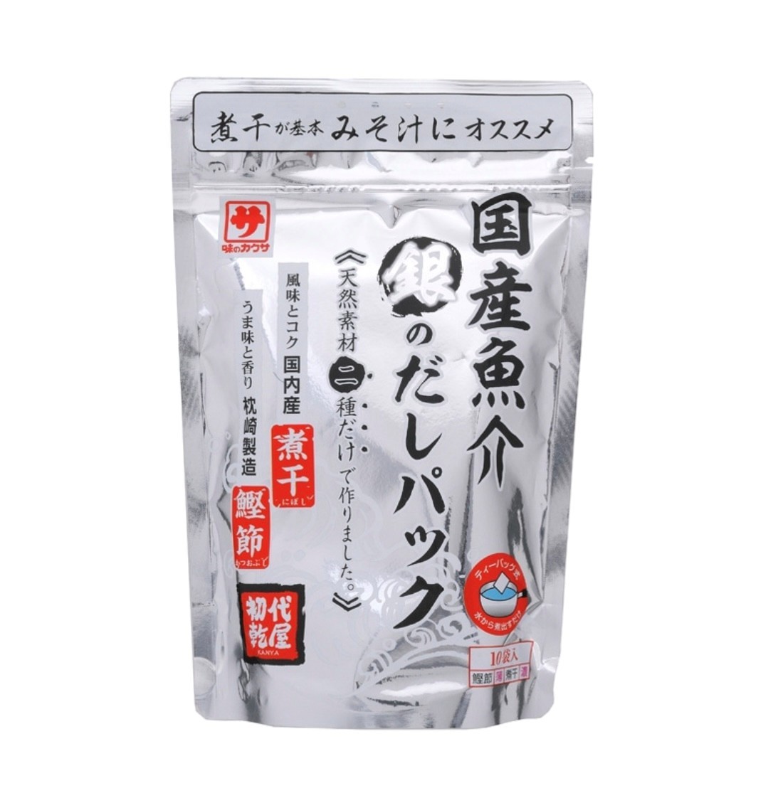 味のカクサ　国産魚介　銀のだしパック　1袋80g（8g×10袋入）神奈川倉庫 味の　カクサ　銀　出汁　だしパック　いわし　煮干し　かつお　かつおのふし　味噌　みそ汁　麺類のだし　おでん　鍋　晩御飯　お昼ごはん　夜食　料理　調理 ◇商品説明◇味のカクサ　国産魚介　銀のだしパック　1袋80g（8g×10袋入）　　〜天然素材二種類だけで作りました〜　　　　　　　　　　　　　初代乾屋風味とコク　　国内産　煮干しうま味と香り　枕崎産　鰹節ティーバック式なので水から煮出すだけ。国産鰮＋国内製造かつお　だしパック国内産の煮干しをベースに、国内製造の鰹節を加え、風味の強いだしを実現。みそ汁なら銀のだし。さらに銀のパッケージが高級感を感じさせてくれます。＊当店では、麺類、鍋物に合う金のだしのお取り扱いもあります。□おいしいだしの取り方□1、水360cc（みそ汁約2杯分）に本品1袋（紙袋のまま）を入れて火にかけます。2、沸騰したら、5〜10分煮出します。3、火を止めて、お箸で袋を軽くしぼるようにだしパックを取り出してください。□だしの目安□みそ汁　　 360cc麺類　　　200ccおでん、鍋　500cc＊お好みで水の量を変更し、だしの濃さを調節してください。■使用上の注意■◎賞味期限は未開封時の期限です。●開封後はチャックを締めて、冷蔵庫に保管し、お早目にご使用ください。●だしパックを取り出す際に、熱湯でのやけどにご注意ください。●品質保持のため、脱酸素剤が封入してあります。開封後は廃棄してください。●本品製造工場では「えび・さば・いか」を含む製品を生産しています。●魚の骨や固い破片状の原料が残っている可能性がございますので、ティーバッグを破ってのご使用はご遠慮ください。●ティーバッグのシール面に原料がにじむことがございますが、品質には問題ありません。 5
