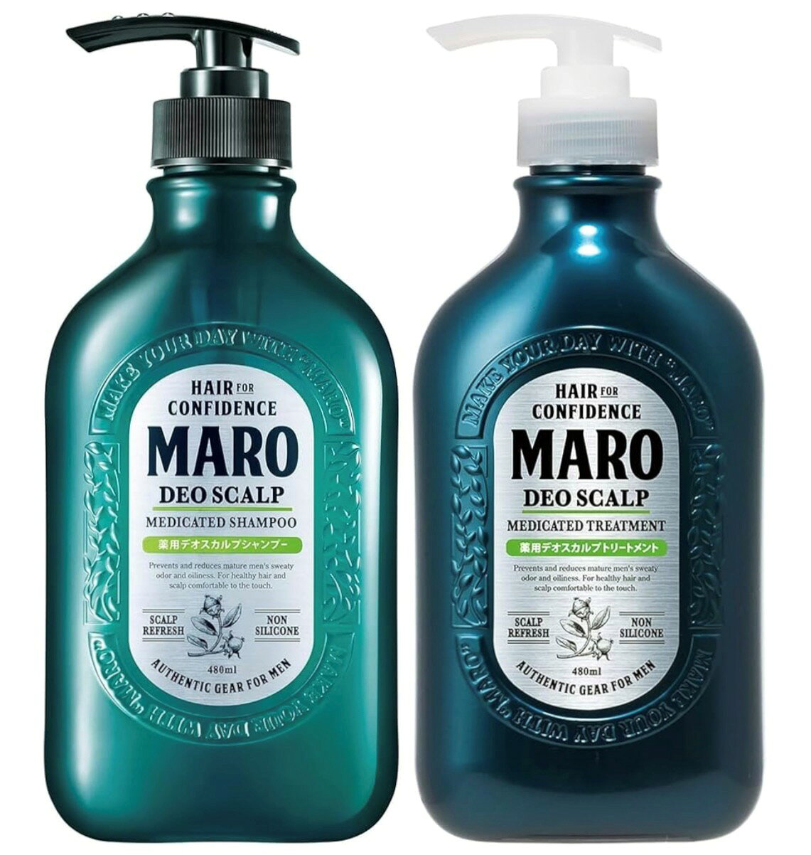 MARO　薬用　デオスカルプ　　　　　　　　　　　　　　　　　　　　　　シャンプー本体1本(480ml)　　　　　　　　　　　　　　　　　　　　　　　　　　　 　　　　　　＋　　　　　　　　　　　　　　　　　　　　　　　トリートメント本体1本(480ml)セット　　　　　　　　　　　　　　　　 　　　　　　　　　　　　　　　　　　　　　　　　　　　　　　 〜男のためにニオイケア。汚れを落としハーブで潤う〜 　　　　　　　　　　　　　　　　　　　　　　　　　　　 ＊清潔感あるナチュラルなグリーンミントの香り。　　　　　　　　　 ＊ふけ、かゆみ、ニオイを防いですっきり洗浄する薬用シャンプー＆トリートメント。　　　　　　　　　　　　　　 ＊有効成分配合で頭皮の汚れを根元からスッキリ！ ＊4種の伝承ハーブ(保湿成分)や5種のレアオイルを配合し、頭皮を傷めることなくクレンジング。　　　　　　　　　　　　　 ＊ノンシリコン、濃密泡でスッキリ洗浄！　　　　　　　　　　　　　　　　　　　　　　　　