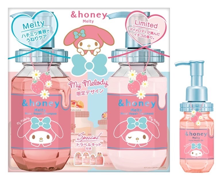 乐天商城 - 限定デザイン マイメロディ　&honey(アンドハニー) メルティ モイストリペア シャンプー&トリートメント 限定ペアセット＋ ヘアオイル 100ml　栃木倉庫