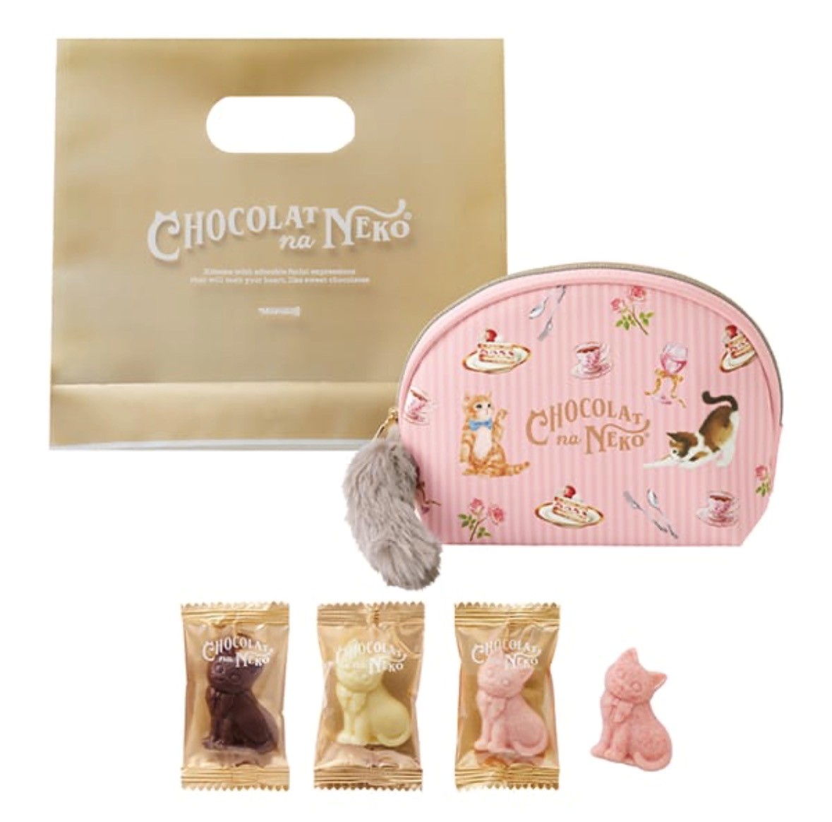 ・猫のふわふわしっぽがついたポーチです。・ショコラナな猫が描かれた現地デザイン。・ポーチの中には、いちご、ミルク、ホワイト3種類のプレーンチョコレートが入っています。・アレルギー物質：一部に乳成分、大豆を含みます。(本品製造工場では卵、小麦...
