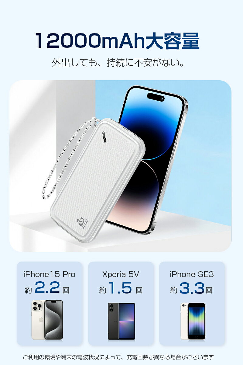 モバイルバッテリー 12000mAh大容量 スマホ充電器 防災電源 2台同時充電 ダブルUSB出力 パワーバンク ポータブルバッテリー iPhone&Android対応 A+ポリマー電池 LEDランプ電量表示 軽量 薄型 ストラップ付き iPhone17/iPhoneAir対応 【PL保険加入済み製品・安心】 skgs-1-10001470 SKGショップ サンプル画像3