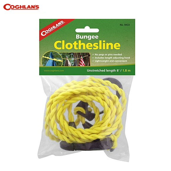 ■商品情報■ COGHLANS コフラン バンジークローズラインは旅行やキャンプへコンパクトに持ち歩ける、洗濯干しのラインです。2本のゴムをひねってあり、干す衣類を洗濯ばさみを使わずに挟み込み、吊るす事ができます。また、洗濯物だけでなくLEDランタンや、シェラカップなどキャンプに必要な様々なものを吊るす事ができます。カラーもかわいいイエローカラーで目立つ為、頭などに引っ掛け難くなっています。■長さ：1.8m■重量：100g色違いは＜コチラ＞ 【ご注文前にご確認ください】 ※在庫には店頭展示品も含まれております。 ※擦れや箱の潰れが見られる場合がございますので、状態の確認をご希望の方はお問い合わせください。 ※店頭・他ネットモールと共有在庫のため、ご注文のタイミングにより完売している場合がございます。 ※当社運営店舗間にて同商品を複数ご注文いただいた際、キャンセルにてご対応させていただく場合がございます。 ※使用済み、タグ紛失商品の返品交換はお受け致しかねます。（パドルクラブ） メーカー希望小売価格はメーカー商品タグに基づいて掲載しています。