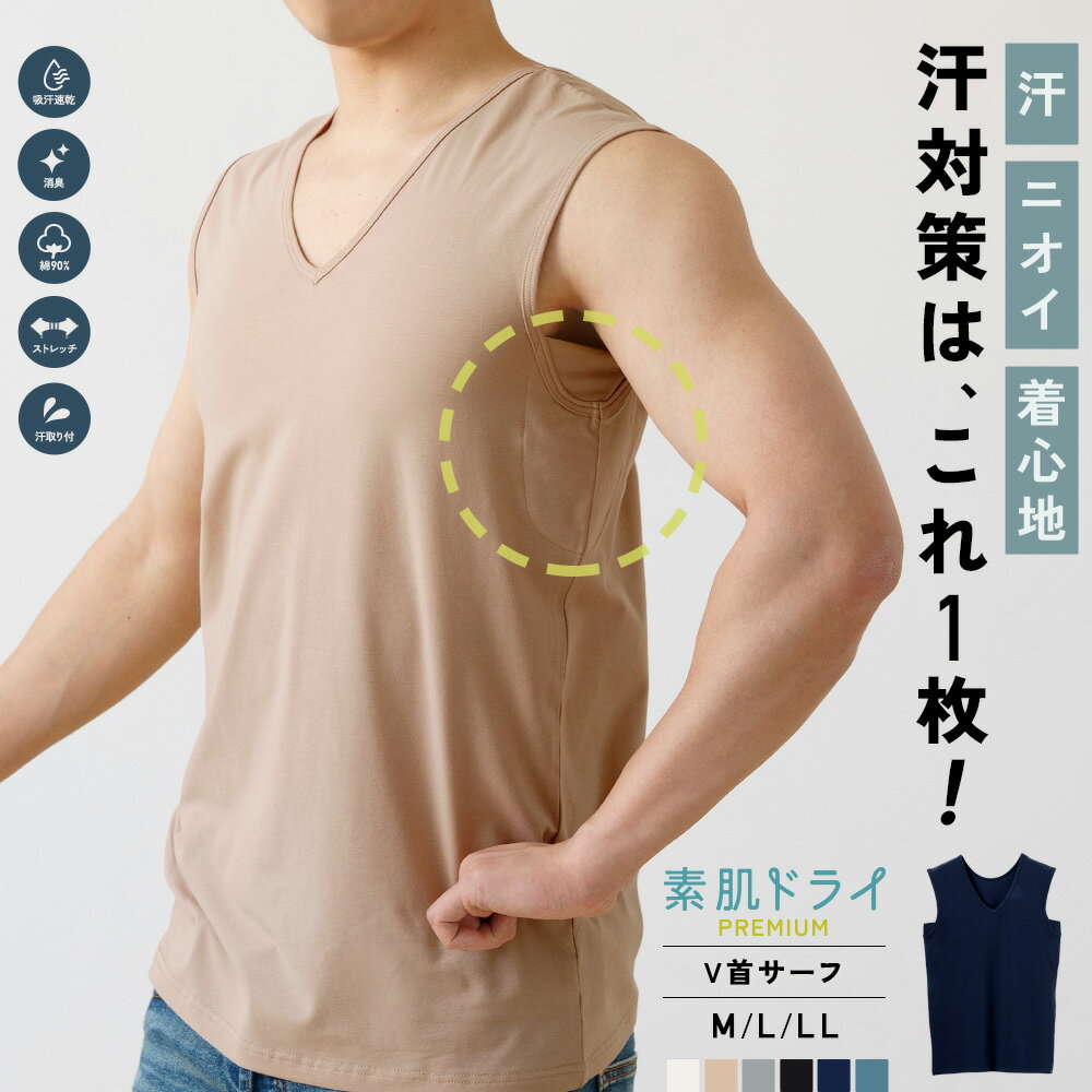 素肌ドライ Premium 汗取り付き サーフ インナー 汗取り 脇汗 汗染み 防止 綿 メンズ 30代 40代 50代 60代 紳士 送料無料 肌着 あせ 春夏 年間 臭い ニオイ 汗 対策 Tシャツ 超冷感 綿混 吸汗速乾 消臭 接触冷感 25SS M4520L-E